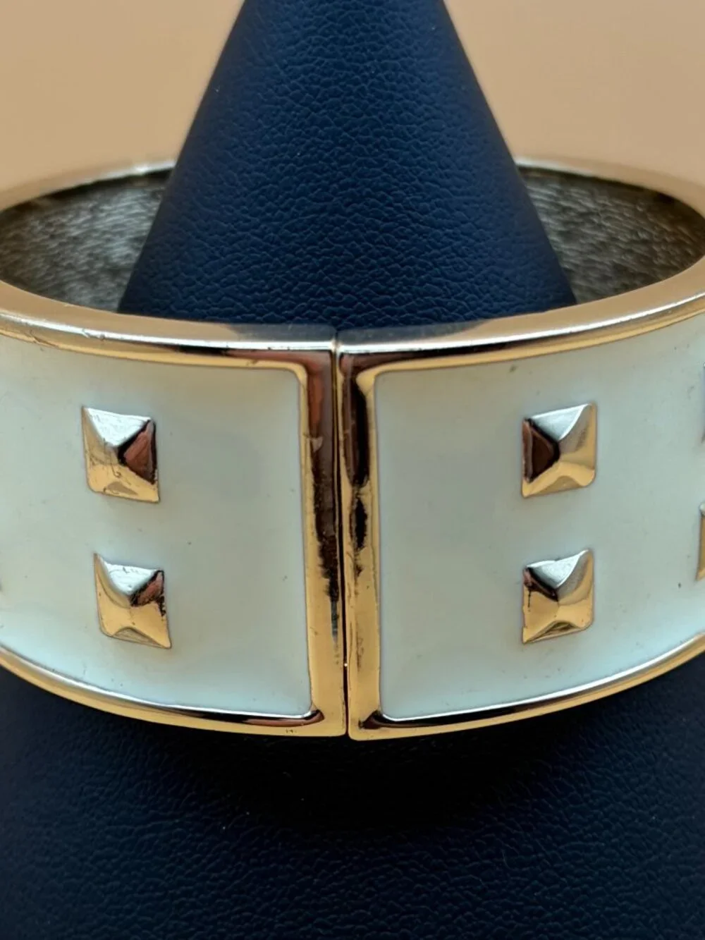 1980s Ivory Enamel/Gold Studded Hinged Clamper Bracelet